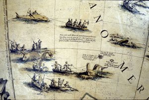 Valfångst i Stilla havet. Detalj av en Coronelli-klot från 1600-talet.