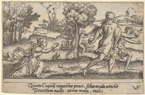 Atalanta och Hippomenes, i förgrunden Atalanta knäböjer för att plocka upp ett äpple och..., ca. 1535-62.
