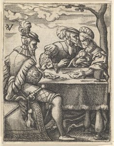 Två män och en kvinna som spelar kort vid ett bord, en man trycker näsan mot ..., ca. 1535-62.