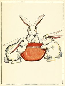 Flopsy, Mopsy och Cotton-Tail hade bröd och mjölk och björnbär till middag, från The Tale of Peter Rabbit, pub. 1916 (lito i färg) av Virginia Albert
