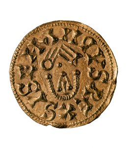 Tremissis (eller triens) av kung Sisenand, gjuten i Tarraco, Spanien, 700-talet (mynt)