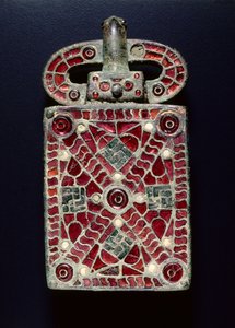 Bältesspänne, c.525-560 (brons med granater, glas, pärlemor, guldfolie, spår av förgyllning; brons och glas) av Visigothic Visigothic