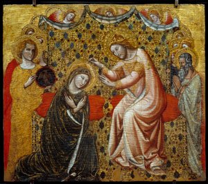Kröning av jungfruns trämålning av Vitale da Bologna (1289/1309-1359/1369) Paris, Louvren