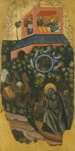 Historien om Sankt Antonius den store, en tiggare uppmanar den sjuke kungen av Palestina att skicka mat till Sankt Antonius (överst); ankomst av kameler med mat (botten)