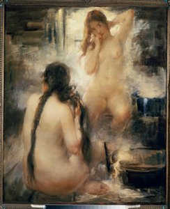 Dans un bain devapor (bastu) - I ett ångbad - Två nakna unga kvinnor som kammar sitt hår och njuter av fördelarna med traditionell rysk hydroterapi - Målning av Vitali Gavrilovich Tikhov (1876-1939), olja på duk, tidigt 1900-tal - Rysk konst -Samla av Vitali Gvrilovich Tikhov