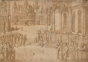Efter Carpaccio - Jungfru Marie bebådelse i templet ca 1500-20 av Vittore Carpaccio