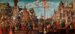 Cykel av Saint Ursulas liv, fjärde avsnitt: Förlovningsmötet och avgången i Pelerinage. (olja på panelen av Vittore Carpaccio