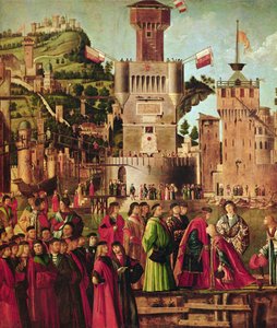 Detalj av mötet mellan Etherius och Ursula och pilgrimernas avgång, från St. Ursula-cykeln, ca 1490-96 (detalj av 56472) av Vittore Carpaccio