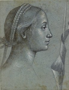 Huvud av en kvinna med en vimpel lindad runt en påle, sent 1400-tal av Vittore Carpaccio