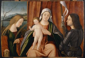 Madonna och barn med Saints Catherine of Alexandria och antingen George eller Liberale av Vittore Carpaccio