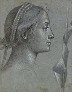 Recto: Head of a Woman with a Pennant lindad runt en påle (svart krita med brun tvätt, förhöjd med vit kroppsfärg på ljusblågrått papper) av Vittore Carpaccio
