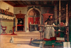 Saint Augustine på sitt kontor eller "The vision of Saint Augustine" Flodhästens eveque representeras i ett ögonblick av stor inspiration. Målning av Vittore Carpaccio (ca 1460-1526) 1502-1507 Sön. 141x210 cm Venedig, Scuola di San Giorgio degli Schiavoni