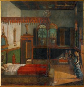 Sankta Ursula drömmer om sitt kommande martyrskap, som tillkännages av en ängel (målning på duk) av Vittore Carpaccio