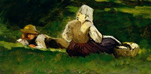 Sittande kvinna och pojke liggande på gräset, av Vittorio Avondo (1836-1910).
