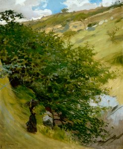 Vedhög i landskap av Vittorio Matteo Corcos (1859-1933), olja på duk, 53x43 cm av Vittorio Matteo Corcos
