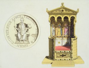 Fredrik Barbarossas mynt och tron (ca 1123-90) från "Le Costume Ancien et Moderne", av Jules Ferrario, publicerad på 1820-30-talen (färglitografi).