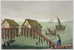 Papustammens bostäder, Rawak, tavla 22 från "Le Costume Ancien et Moderne" av Jules Ferrario, publicerad på 1820-30-talen.