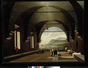 Röstade galleri med marint landskap i bakgrunden (olja på duk)