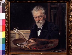 Självporträtt (Självporträtt). Målning av Vladimir Yegorovich Makovski (Makovsky, Makovskij) (1846-1920), huile sur toile av Vladimir Egorovic Makovsky