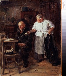 Tillrättavisningen (Skällningen). Ett äldre par i deras inre förebrår hustrun sin man och visar honom sin plånbok. Målning av Vladimir Yegorovich Makovsky (Makovsky, Makovskij) (1846-1920), olja på duk av Vladimir Egorovic Makovsky