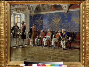 Väntar på en publik. Väntrum med karaktärer i officiell kostym med alla hedersdekorationer och attribut för deras adel och funktioner väntar och diskuterar innan de tas emot av tsaren. pei av Vladimir Egorovic Makovsky