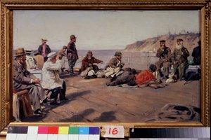 På däck (On the Deck). Resenärer i alla klasser på en båt som går längs kusten. Målning av Vladimir Yegorovich Makovsky (Makovsky, Makovskij) (1846-1920), olja på duk av Vladimir Egorovic Makovsky