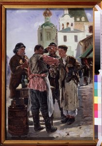 Säljare av Kvass (Kwass) (Kvas säljare). Fermenterad och mousserande dryck, lätt alkoholhaltig och populär, smeknamnet brödöl, rysk nationaldryck. Målning av Vladimir Yegorovich Makovsky (Makovsky, Makovskij) (1846-1920), olja på duk