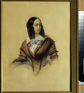 Porträtt av Natalie Goncharova (1812-1863), hustru till poeten Alexander Pushkin (1799-1837). (Porträtt av Natalia Pushkina, A. Pushkins fru). Verk av Vladimir Ivanovich Hau (Gau) (1816-1895), akvarell på kartong