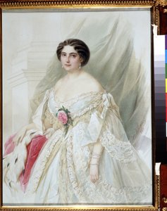 ""Porträtt av en dam med en pälskapape"" Hon är klädd i en vit klänning med band, örhängen och armband. Akvarell av Vladimir Hau (Gau) (1816-1895) 1860 Privat samling