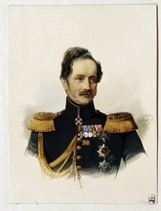 Porträtt av prins Alexey Fyodorovich Orlov (1787-1862) (Porträtt av prinsen A. F. Orlov). Rysk soldat och diplomat. Verk av Vladimir Ivanovich Hau (Gau) (1816-1895), akvarell på papper