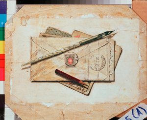Ett brev och spelkort. Fortfarande liv. Verk av Vladimir Pavlovich Sokolov (1860-1913), akvarell på papper. rysk konst av Vladimir Pavlovich Sokolov
