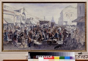 Loppmarknaden i Moskva (Ryssland) (The Second Hand Market In Moscow). Gatubild, med karaktärer i fläckiga och lappade kläder, några äter vid bord framför en barack, andra tittar på varorna som erbjuds, ytterligare andra gömmer sig av Vladimir Yegorovich Makovski