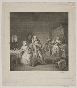 Förlossningsavdelning III. akt 6 scen. Gravyr efter Lorenzens Holbergska Galleri. av WIlhelm Heuer