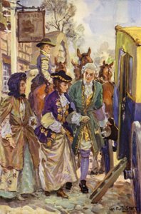 "Hans herrskap ledde in damerna i fordonet" (färg litho) av W.R.S. (after) Stott