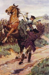 "Det oregerliga odjuret kastade sin vackra börda från hans rygg, och Jones fångade henne i sina armar" (färg litho) av W.R.S. (after) Stott