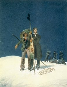 Charles Fellows med William Hawes, Plants a Baton on the Summit, ingår som en inlaga i A Narrative of an Ascent to the Summit of Mont Blanc av Charles Fellows (1799-1860), publicerad 1827 (wc på pa). av W.S. Hastings
