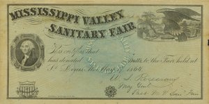 Blank illustrated certificate of contribution for donations made at the Mississippi Valley Sanitary Fair, May 7, 1864 av W. A. Rosecrans