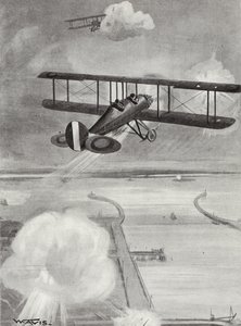 Skvadron-ledare Richard Davies och flyglöjtnant Richard Peirse släpper bomber på ubåtsstationen i Zeebrugge under kraftig eld, 23 januari 1915