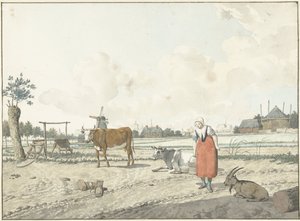 Landskap med bondfru och boskap av W. Barthautz