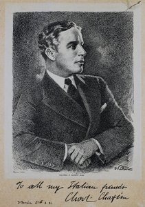 Porträtt av Sir Charles Spencer Chaplin (1889-1977), engelsk skådespelare och regissör av John Ward Dunsmore