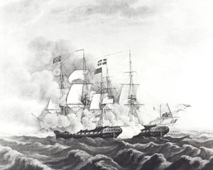 USS Constitution och HMS Guerriere (litho) av John Ward Dunsmore