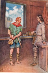 En sjöman ger Horatio ett brev från Hamlet, ur "Hamlet" av William Shakespeare, upplaga utgiven av Hodder und Stoughton 1915.