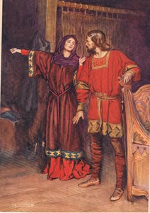 Gertrude avslöjar att Hamlet har dödat Polonius, från "Hamlet" av William Shakespeare, utgåva publicerad av Hodder und Stoughton 1915