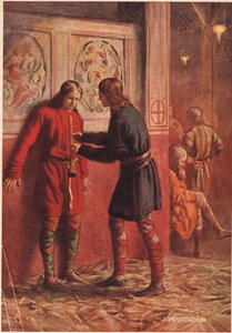 Hamlet försöker få Guildenstern att spela en pipa, från "Hamlet" av William Shakespeare, utgåva publicerad av Hodder und Stoughton 1915