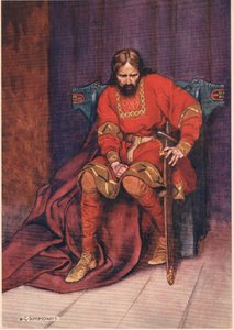 Kungen talar om att ha Hamlet dödad, från "Hamlet" av William Shakespeare, utgåva publicerad av Hodder und Stoughton 1915 av W. G. Simmonds
