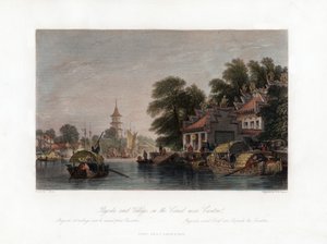 Pagoda och by, på kanalen nära Kanton, Kina, c1840. av W. H. Capone