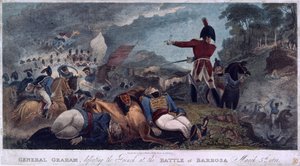 General Graham som besegrar fransmännen i slaget vid Barrosa, graverad av J. Edwards, publicerad av Almanack Stationers, 1812 av W. Hal Brooke