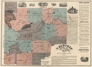 På engelska:  Visar tomt- och kvartersnummer samt namn på boende. Godkänd som den enda officiella kartan över Cherokee County. Två ark sammanfogade till 1, monterade på tyg. LC Land ownership maps, 87 Innehåller text och ill. Finns även tillgänglig via Lib av W. P. Bullock