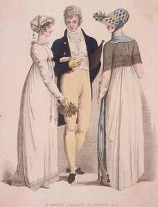 Två kvinnor och en man i aftonklänning, 1808