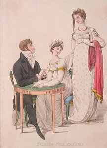 Två kvinnor och en man iklädd helfrack, c1810
